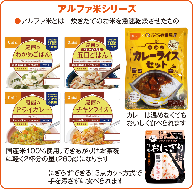 アルファ米シリーズ アルファ米とは…炊きたてのお米を急速乾燥させたもの。国産米100%使用。できあがりはお茶碗に軽く2杯分の量（260g）になります。にぎらずできる！3点カット方式で手を汚さずに食べられます